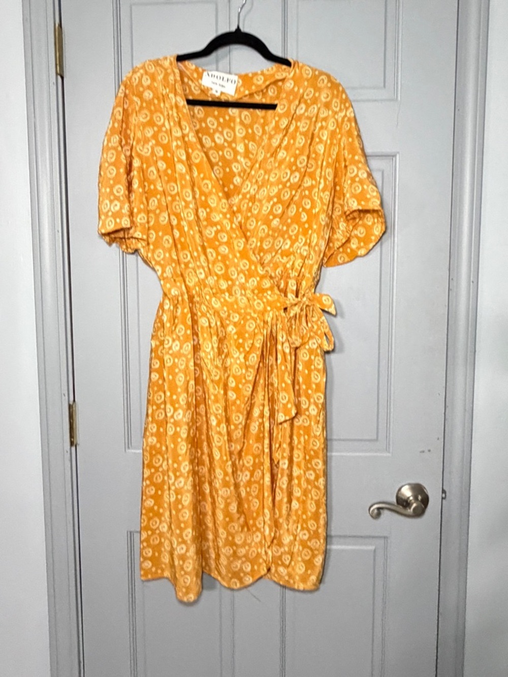Vintage Adolfo Silk Wrap Dress Size 16 Orange Abstract USA 90s